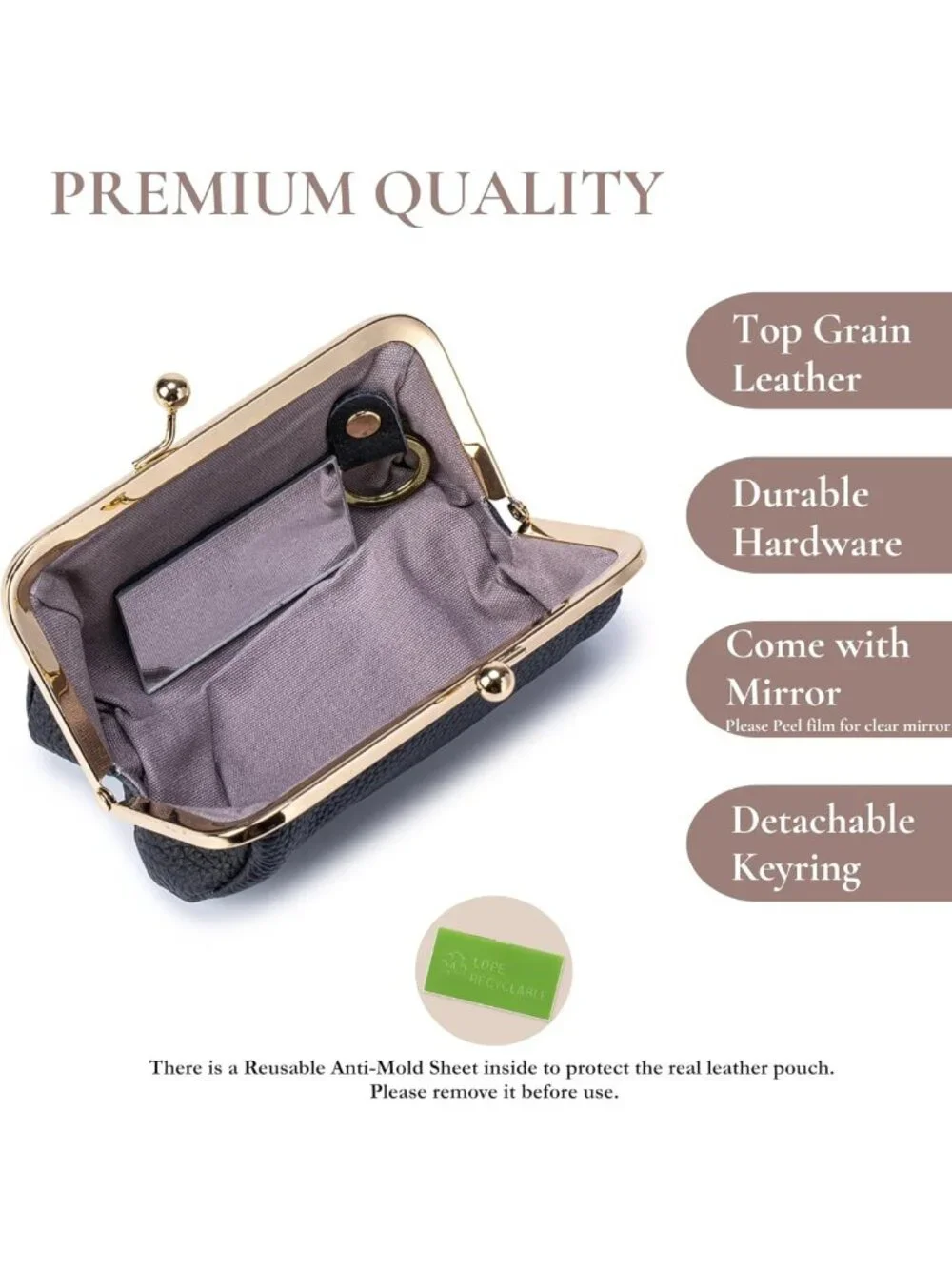 Stylish Mini Makeup Bag with Mirror, Portable Leather Cosmetic Pouch for Women